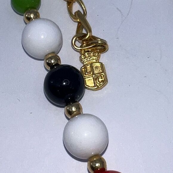 Liz Claiborne Beaded Bib Necklace Gold Tone Multicolor Long Nautical  Crest - Picture 6 of 6